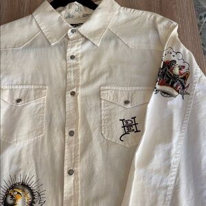 Ed Hardy Cream Button-Down Shirt with Graphic Embroidery